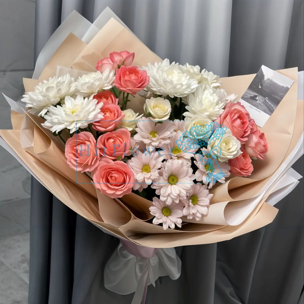 Букет цветов из: Хризантемы и Розы